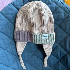7am Enfant Kids Knit Earflap Hat in Beige with Brown & Green Trim 0-6 months